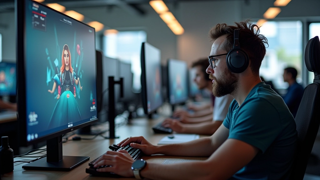 Game development workshop with multiple developers working on computers and game prototypes